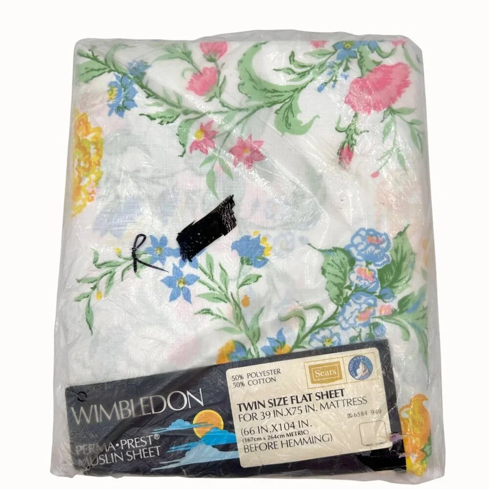 NIP VTG Wimbledon Perma-Prest Muslin Floral Print Twin Flat Sheet 66x104